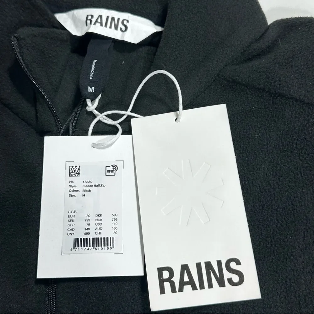 NWT Rains Mens Black Fleece Sweater Half Zip Size Medium